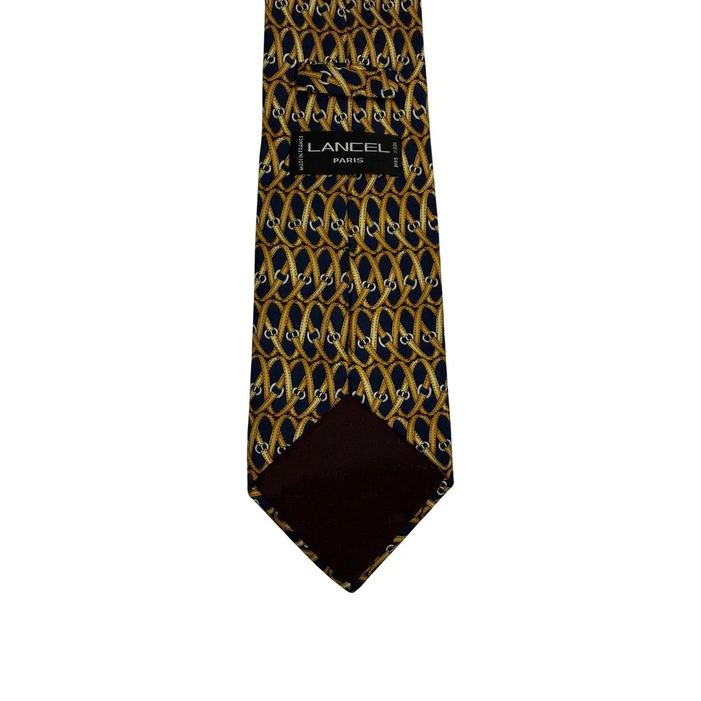 Lancel Paris Tie Mens OS Navy Gold Excellent Vintage Silk Equestrian Belt France